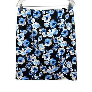 Carmen Marc Valvo Womens Skirt Floral A Line Stretch Vented Zip Blue Black Sz 8*